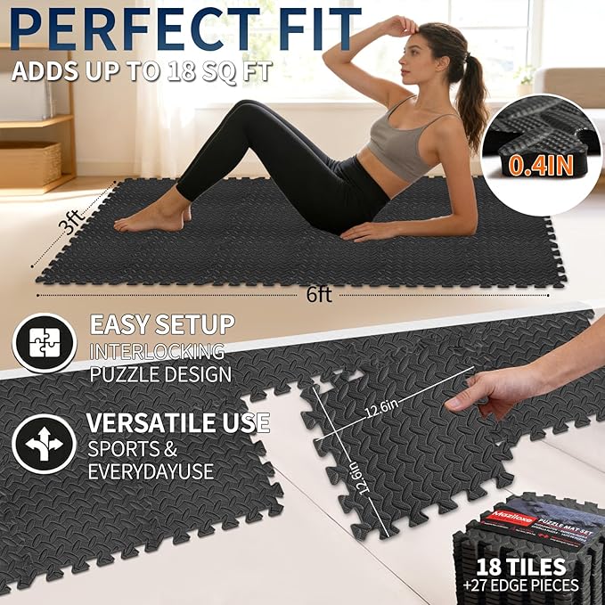 18 Pack Interlocking Gym Flooring Mats for Home Gym, 0.4 Inch Thick Non-Slip EVA Foam Puzzle Exercise Tiles with Edge Strips, Shock Absorption for Workout, Yoga, Treadmill, Garage, Basement