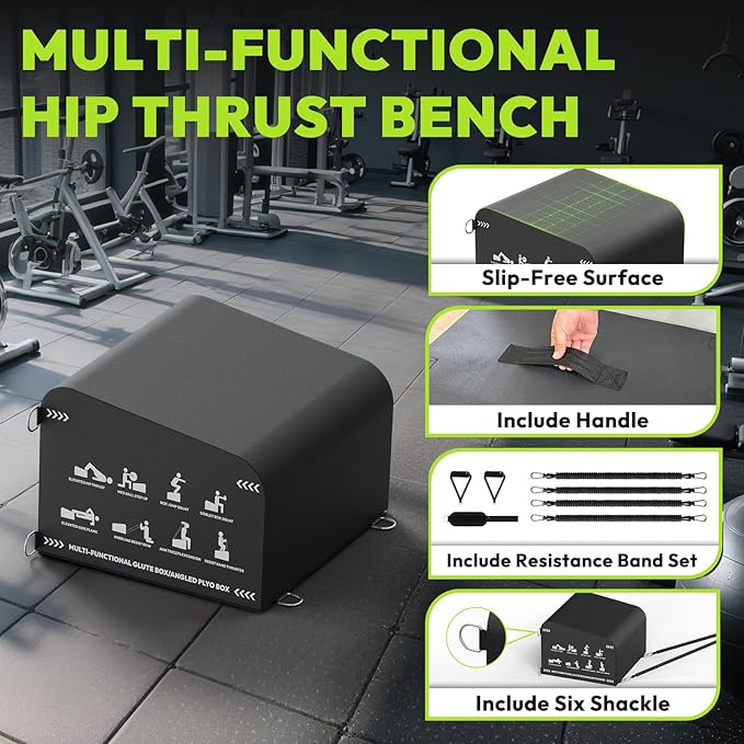 Hip Thrust Bench, Multi-Functional Slip-Free Hip Thrust Machine for Glute Bridge, Box Jump, Push-Ups, Squat, Ab Exercise, Suitable for Home & Gym