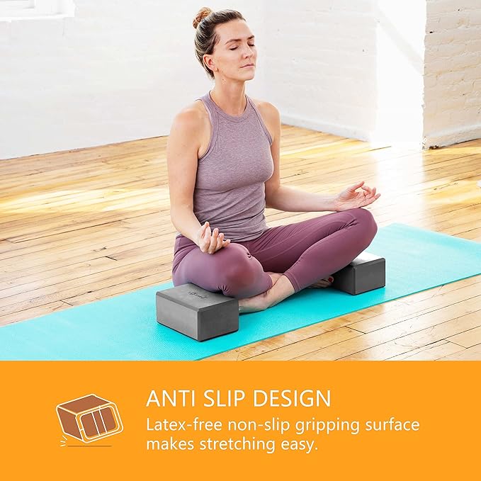 Sol Living Yoga Blocks 2 Pack High Density EVA Foam Yoga Cushion Stretching Pilates Meditation Exercise Equipment Support Deepen Poses Odor Free Non Slip Yoga Accessories - 4" x 6" x 9"- Black