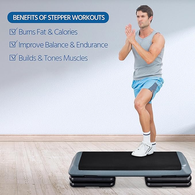 Yaheetech Aerobic Stepper, 4-6-8in Height-Adjustable Aerobic Exercise Step Platform Health Club Size w/Risers & Non-Slip Surface & Non-Marking Feet for Home Gym Workout & Training