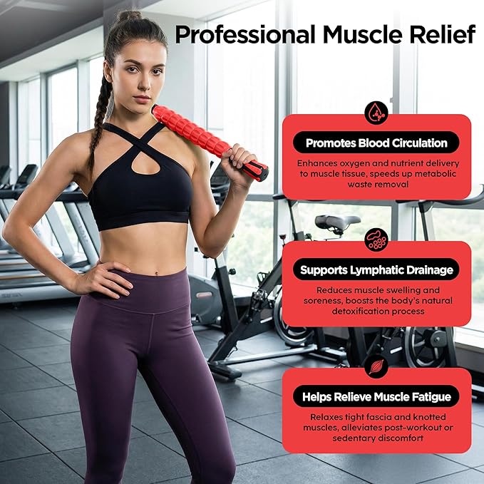 Muscle Roller & Massage Roller Stick for Athletes - Lymphatic Drainage Support, Relieves Muscle Soreness, Cramping & Tightness - Targets Legs, Arms, Back & Calves （Red - 18inch）