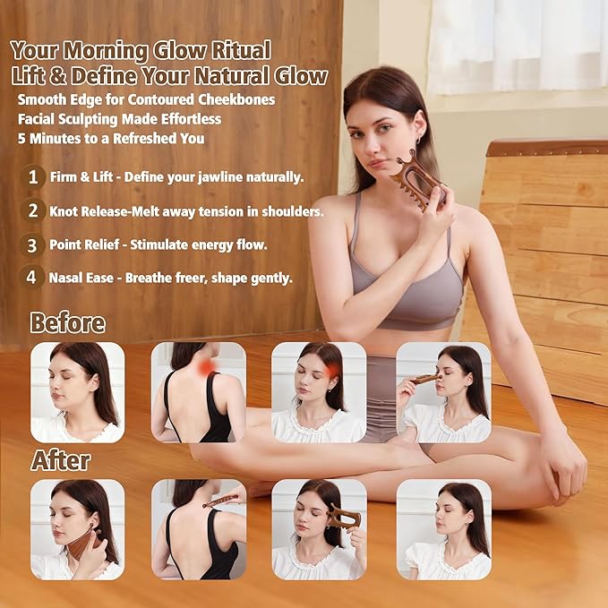 Wooden Gua Sha Massage Tool for Face & Body – Dual Trigger Point Acupressure Massager for Nose & Eye Area, Manual Muscle Scraper with Ergonomic Grip for Jawline & Neck Relief in Gift Box