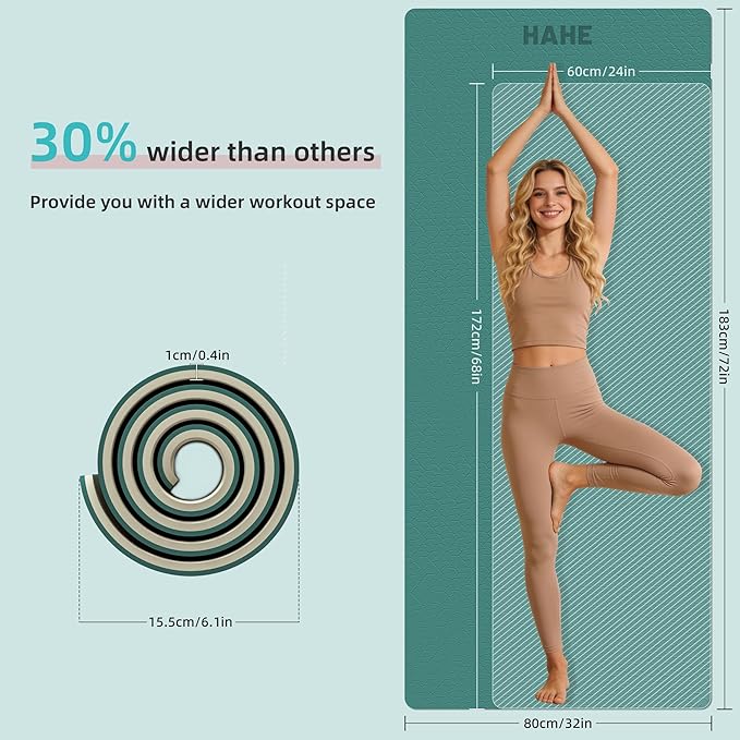 HAHE Yoga Mat Thick, 72"x32"x0.4"Th (10mm), Wide Non-Slip Exercise Mat with Carry Strap, Double-Sided POE Fitness Mat for Yoga, Pilates & Floor Workouts
