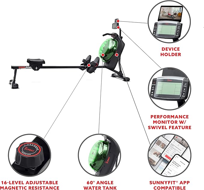 Sunny Health & Fitness Elite Water Rowing Machine with High Dynamic Resistance Vertical Tank, Low-Impact Full-Body Workout and Optional Free SunnyFit App Connectivity