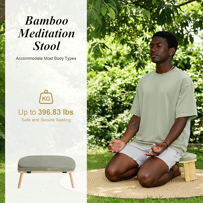 Meditation Bench Foldable & Ergonomic, Kneeling Meditation Stool with 5° Forward Tilt & 400lbs Capacity, Bamboo Meditation Stool with Detachable Velvet Cushion forYoga Prayer (Green)