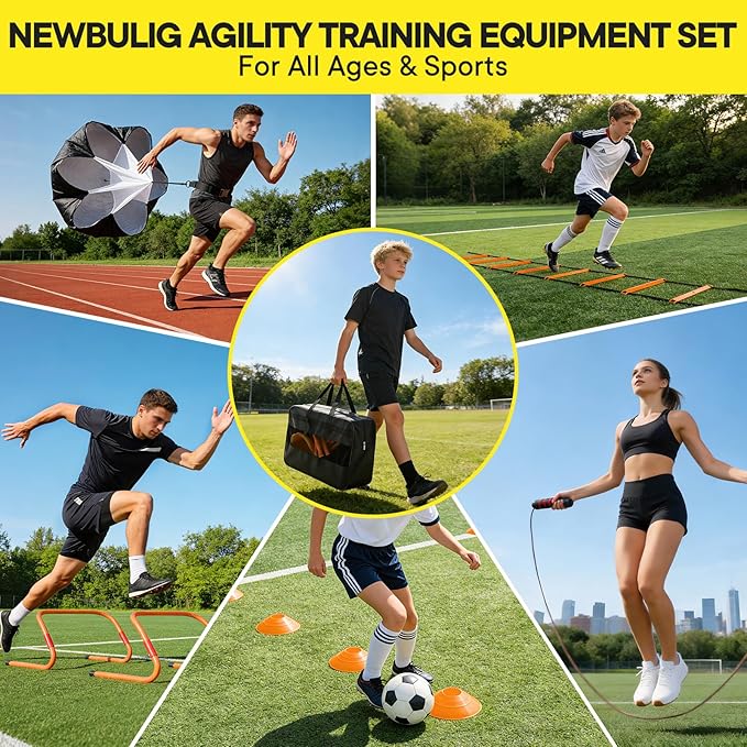 NEWBULIG Agility Ladder Speed Training Equipment, Football Practice Set with 20ft Ladder, 12 Cones, 4 Adjustable Hurdles, Jump Rope, Resistance Parachute for Soccer, Basketball, Youth, Adults