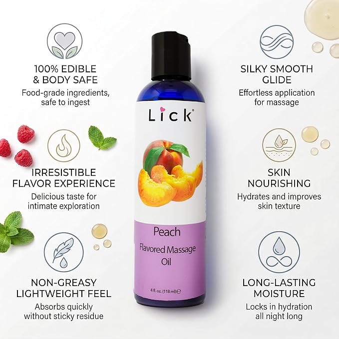 Lick Peach Flavored Massage Oil – Sweet Juicy Edible Massage Oil with Sweet Almond Oil & Vitamin E, Lightweight Glide for Couples Massage & Relaxation, 4 oz