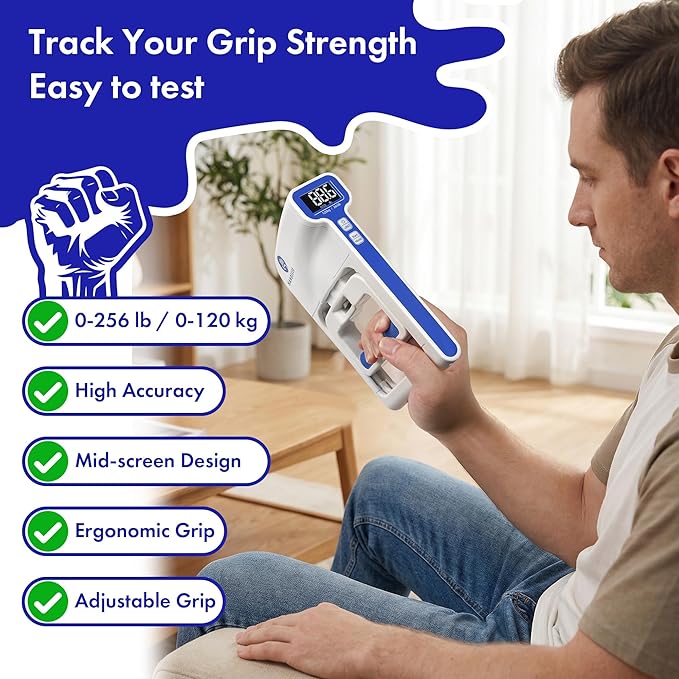 Grip Strength Tester 265lb/120kg, Digital Hand Dynamometer FDA Registered with Backlit LCD for Grip Strength Testing and Training