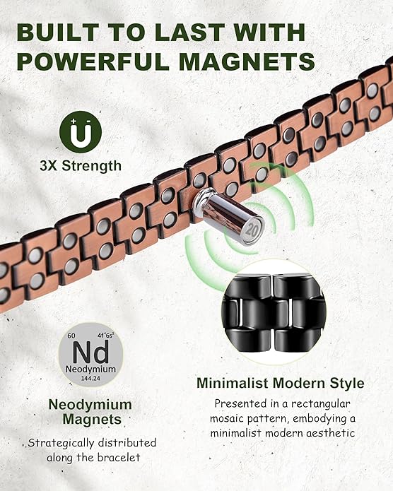 MagEnergy Mens Copper Magnetic Bracelets, 99.9% Pure Copper Bracelet with Double-Row Strength Magnets, Adjustable Jewelry with Sizing Tool