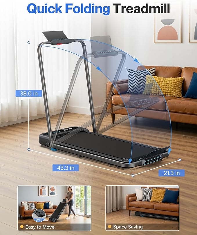 COZYINN Foldable Treadmill with Incline, 3.0HP Quiet Walking Pad with Handle Bar, 2 in 1 Portable Treadmills for Home Small Space, 320 Lbs Capacity Compact Under Desk Treadmill with Led Display & App