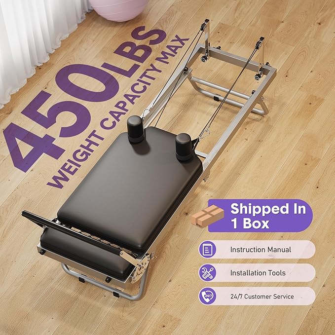 Collapsible Pilates Reformer for Home Gym – Adjustable Machine with 5 Metal Springs – High Strength Cords – Wide Platform – Supports up to 450 lbs – Portable Pilates Equipment for Women & Beginners