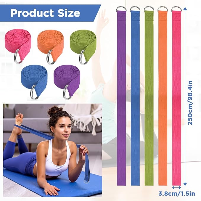 10 Pieces 8ft Yoga Strap for Stretching Bulk with Adjustable Metal D Ring Buckle Loop Exercise Band Stretching Belt for Fitness Gym Workout Pilates Physical Therapy