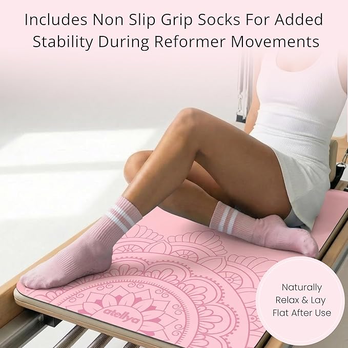 Pilates Reformer Mat Non Slip – Washable Reformer Mat Cover with Grip Socks & Mesh Bag, Sweat Absorbing Pilates Reformer Towel for Studio & Home Use