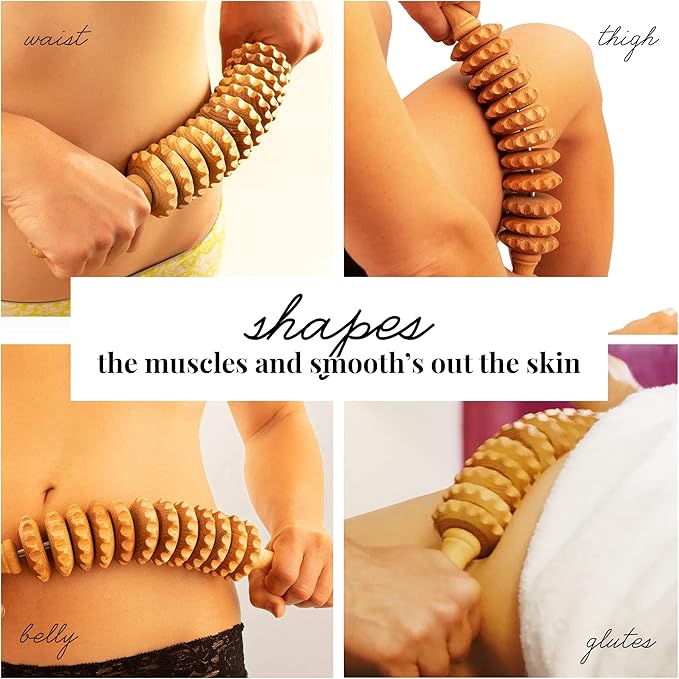 Tuuli Wooden Massage Roller for Waist and Thigh, Multi-Functional Body Roller for Cellulite Reduction and Muscle Tension, Natural Massager for Women and Men (Curved)