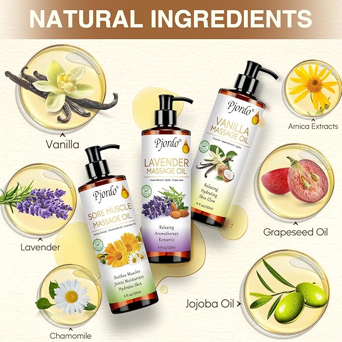 3 Pack Massage Oil for Massage Therapy, Vanilla Oil, Sore Muscle Arnica Oil, Lavender Massage Oil for Skin, Massage Roller Ball, Relaxing Massage Kit, Spa Gift Set for Him Her