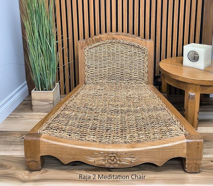 Handcrafted Wooden Meditation Chair with Woven Seagrass Seat, 30 x 28 x 18 inches (Stone)