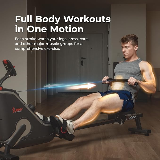 Sunny Health & Fitness Magnetic Rowing Machine Rower with 8-Level Resistance, 53.4" Extended Slide Rail & Digital LCD Display - SF-RW5515