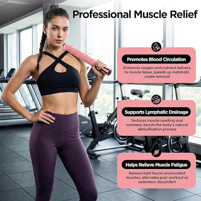 Muscle Roller & Massage Roller Stick for Athletes - Lymphatic Drainage Support, Relieves Muscle Soreness, Cramping & Tightness - Targets Legs, Arms, Back & Calves （Pink - 18inch）