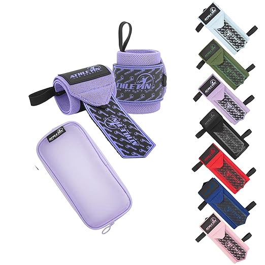 Professional Wrist Wraps, Heavy-Duty Support with Thumb Loop 18 Inch Pair for Powerlifting, Bodybuilding, Cross Training - Mesh carry pouch included (Purple)