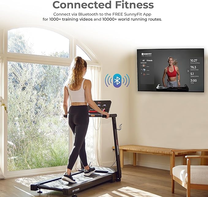 Sunny Health & Fitness Interactive Slim Folding Treadmill for Home, Running or Walking with Quiet Brushless, Shock Absorption, Free SunnyFit App Bluetooth Connection, Optional 12 Level Auto Incline