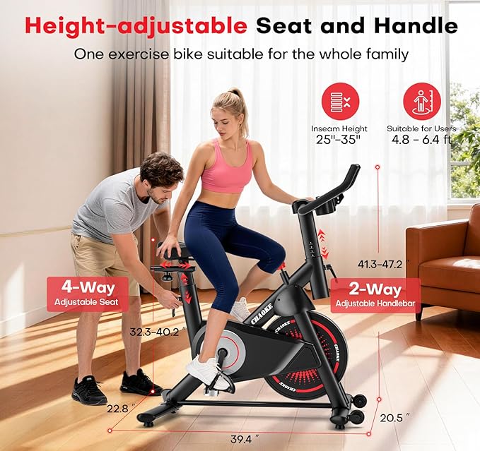 CHAOKE Exercise Bike, Quiet Adjustable Magnetic Stationary Bike for Home Cardio with App Compatible, 350LB Weight Capacity Indoor Cycling Bike with Large Seat, Dumbbell Rack, Pull Cords & LCD Display