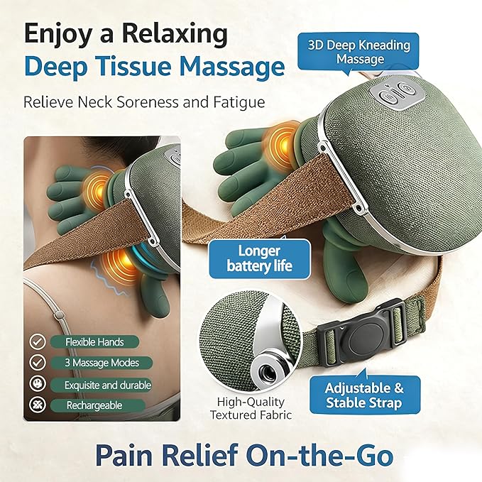 Hand Neck Massager with Fingers, Neck Massager with Hands, Wireless Portable Design, Type-C Charging, 4d Kneading Massage, Deep Tissue Neck Massage, for Home and Office Use