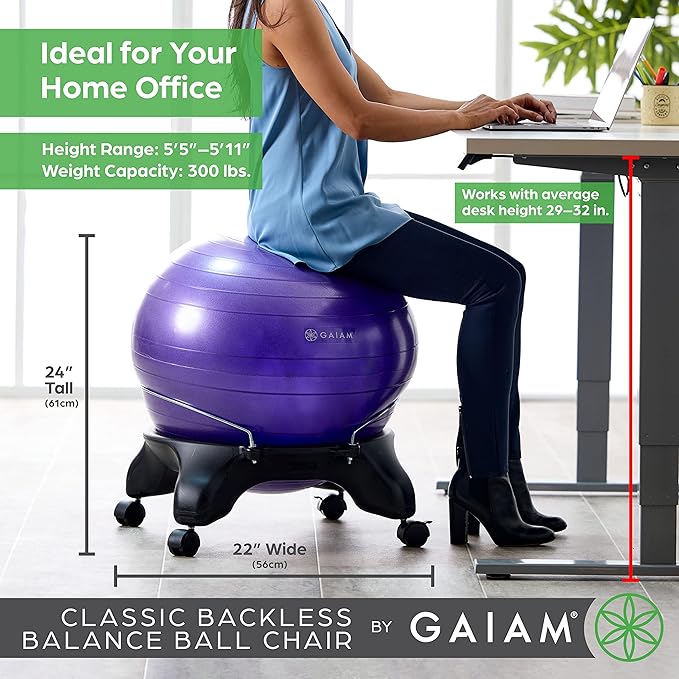Gaiam Classic Backless Balance Ball Chair – Exercise Stability Yoga Ball Premium Ergonomic Chair for Home and Office Desk with Air Pump, Exercise Guide and Satisfaction Guarantee, Charcoal