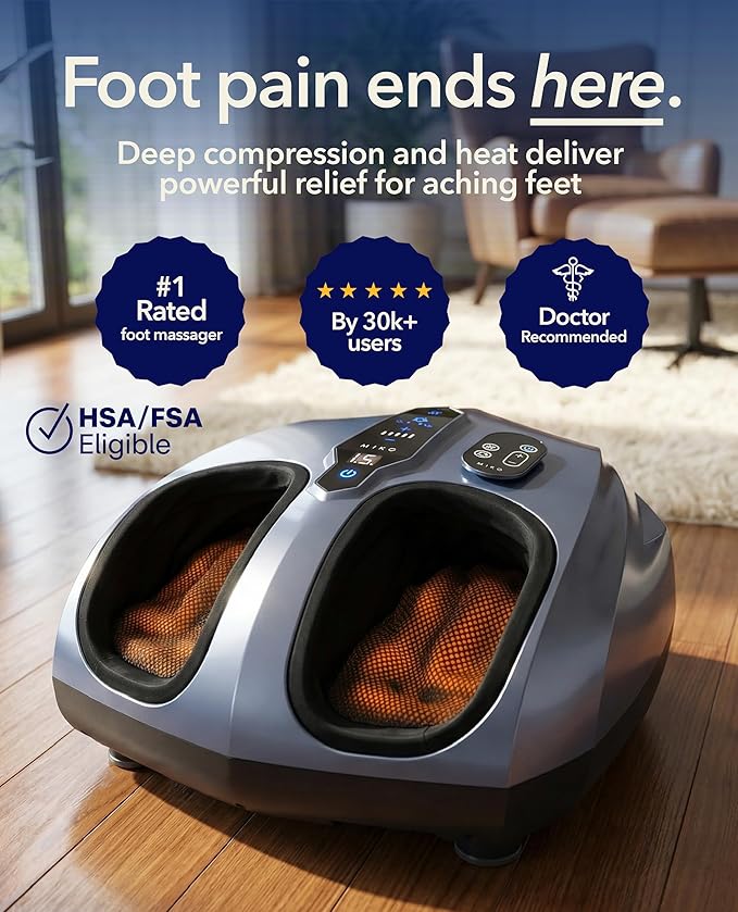 MIKO Foot Massager Machine - Deep Kneading, Shiatsu, Air Compression, and Heat Therapy - Plantar Fasciitis, Diabetics, Neuropathy, Fits Up to Men Size 12