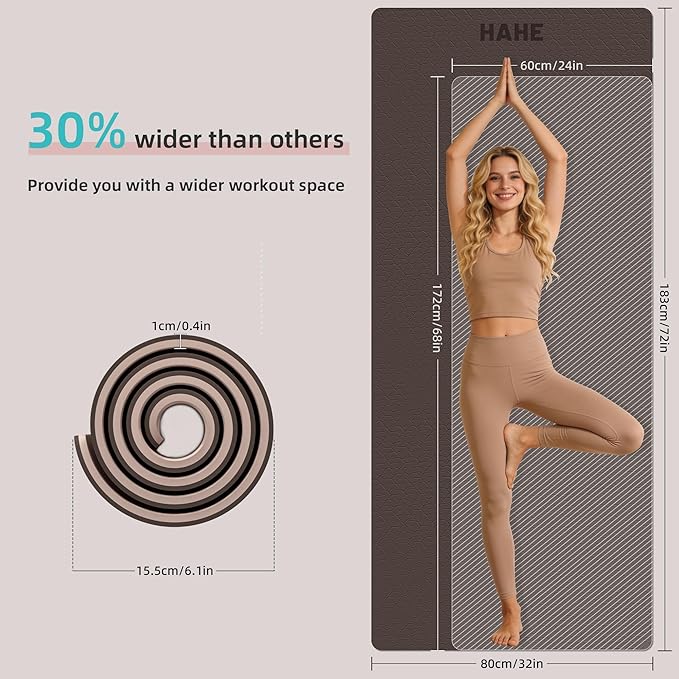HAHE Yoga Mat Thick, 72"x32"x0.4"Th (10mm), Wide Non-Slip Exercise Mat with Carry Strap, Double-Sided POE Fitness Mat for Yoga, Pilates & Floor Workouts