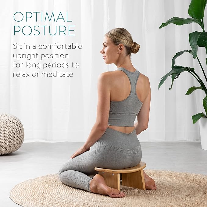Navaris Bamboo Meditation Stool - Bench for Meditating, Yoga, Practice - Angled Ergonomic Seat with Round Edges for Comfortable Postures - Light Brown