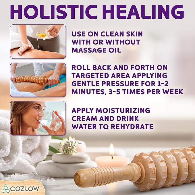 COZLOW Wooden Massage Roller Stick (12 Rollers) - Curved Wood Therapy Massage Tool for Body Sculpting, Fascia Release & Lymphatic Drainage - Maderotherapy Helps Reduce Cellulite Appearance