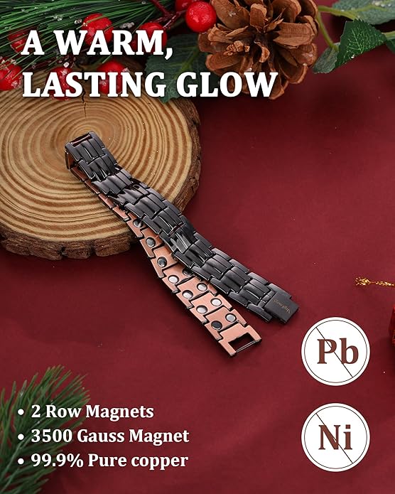 MagEnergy Mens Copper Magnetic Bracelets, 99.9% Pure Copper Bracelet with Double-Row Strength Magnets, Adjustable Jewelry with Sizing Tool
