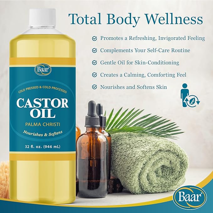 Baar Cold-Pressed Castor Oil, Cold-Processed, Hexane-Free, Palma Christi, for Skin, Hair, Massage & Castor Oil Packs, BPA-Free Bottle, 32 oz