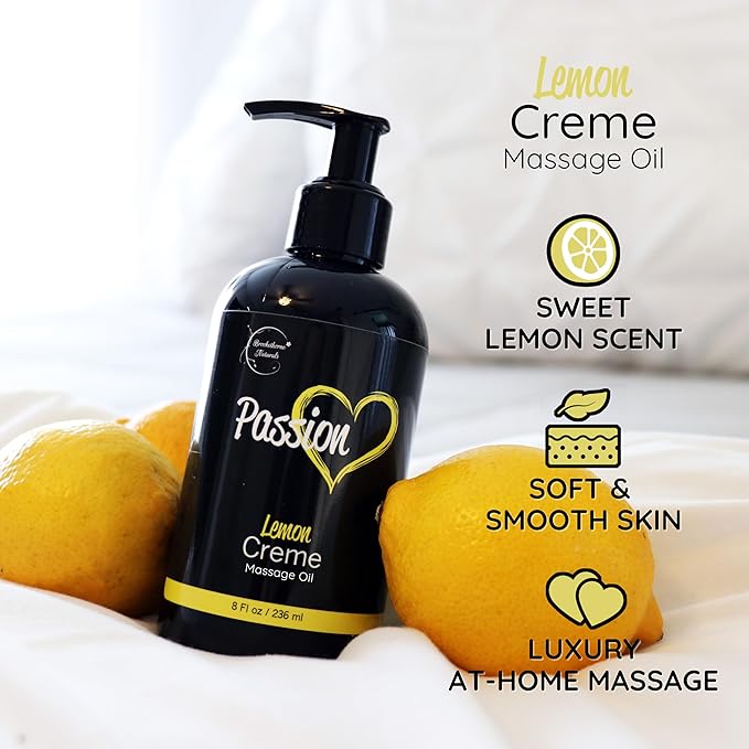 Passion Massage Oil for Date Night | 100% Natural Body Oil for Couples with Jojoba & Almond | Aromatherapy & Relaxing Massage Therapy | Valentines Day Gifts for Her | Lemon Crème Scent