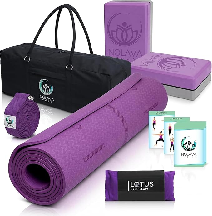 NOLAVA Yoga Mats & Complete Sets - TPE, Non-Slip - Includes Mat, Blocks, Strap, & More (6pc or 7pc Sets) - For Pilates, Yoga & Fitness