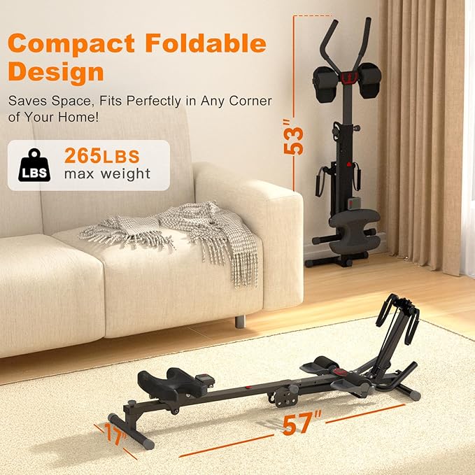 TOUSAINS 3 in 1 Adjustable AB Machine for Stomach Workout with 3 Heights, Foldable Rowing Machine for Home Gym with Comfortable seat & LCD Display Monitor, 265lbs Weight Capacity