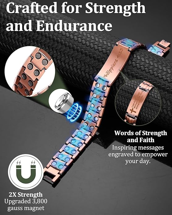 Copper Cross Bracelet for Men - Ultra Strength Magnetic Mens Cross Jewelry Set - Adjustable Magnetic Bracelet with Sizing Tool Jewelry Box