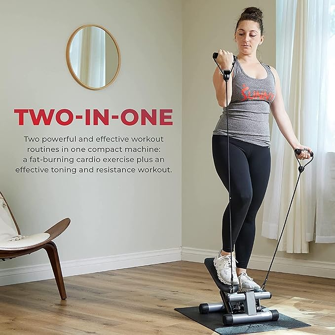 Sunny Health & Fitness Mini Stepper Machine, Stair Stepper Exercise Equipment with Resistance Bands for Home Workout + Exercise Vinyl 18 KG Dumbbell Set Hand Weights for Strength Training - NO.087