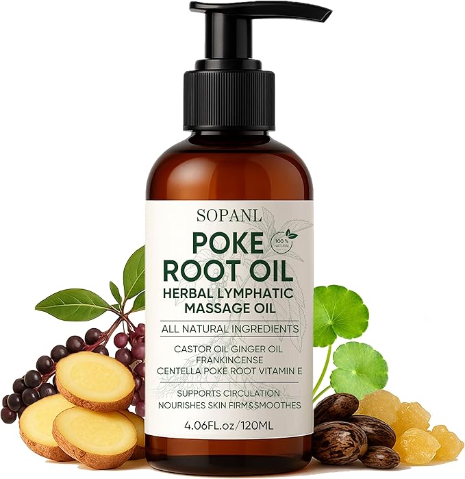 Organic Poke Root Castor Massage Oil – Herbal Body Massage Oil for Circulation Comfort & Skin Firming, Natural Blend with Ginger, Frankincense & Vitamin E, 4.02 fl oz / 120 ml