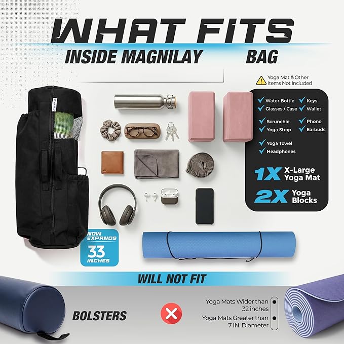 MAGNILAY Yoga Mat Bag - for Women and Men, Yoga Mat Carrier, Fits Mats Blocks and Accessories for Workouts, (32”L)