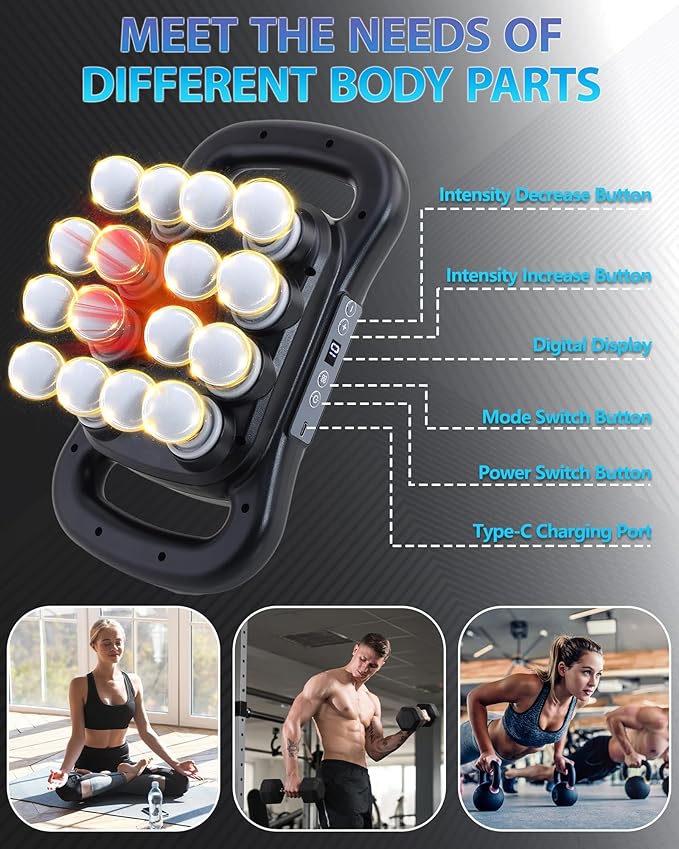 16-Head Massage Gun, Deep Tissue Percussion Massager with 9 Modes & 9 Intensities, 2600mAh Battery Back Bassager for Pain Relief Deep Tissue for Muscle Pain Relief in Back, Legs, Shoulders