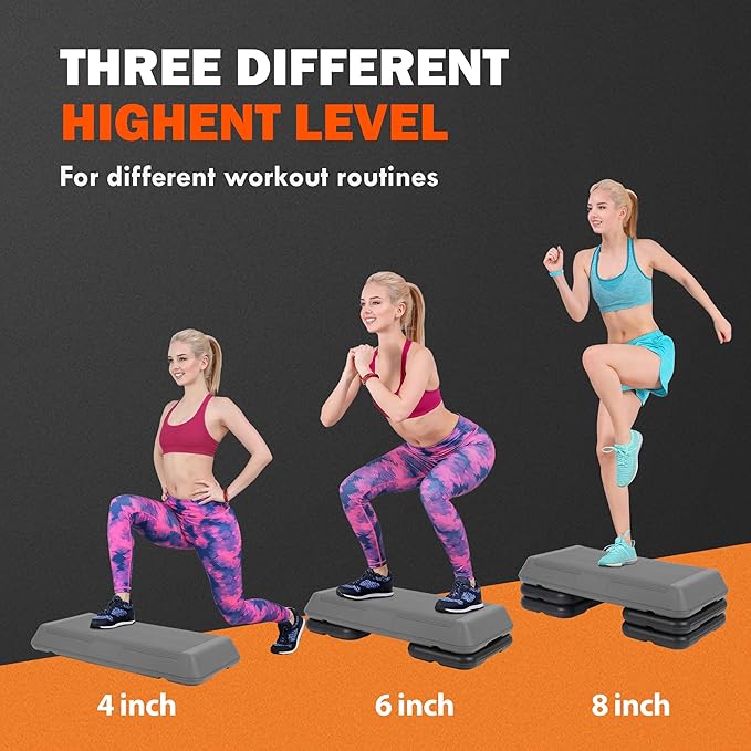 F2C 28.5" Aerobics Platform for Total Body Fitness 4" - 6" - 8" Height Adjustable with 4 Risers Home Workout Exercise Stepper Black/Gray