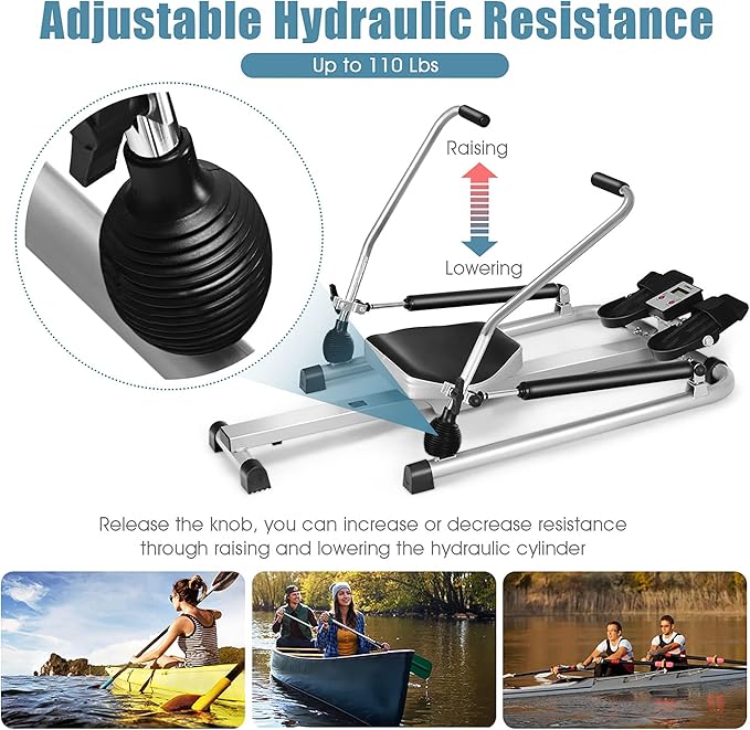 GYMAX Rowing Machines for Home, Hydraulic Rower with LCD Monitor, Adjustable Resistance up to 110LBS & Large Cushioned Seat, 265LBS Quiet Rowing Machine for Aerobic Workout Exercise Fitness