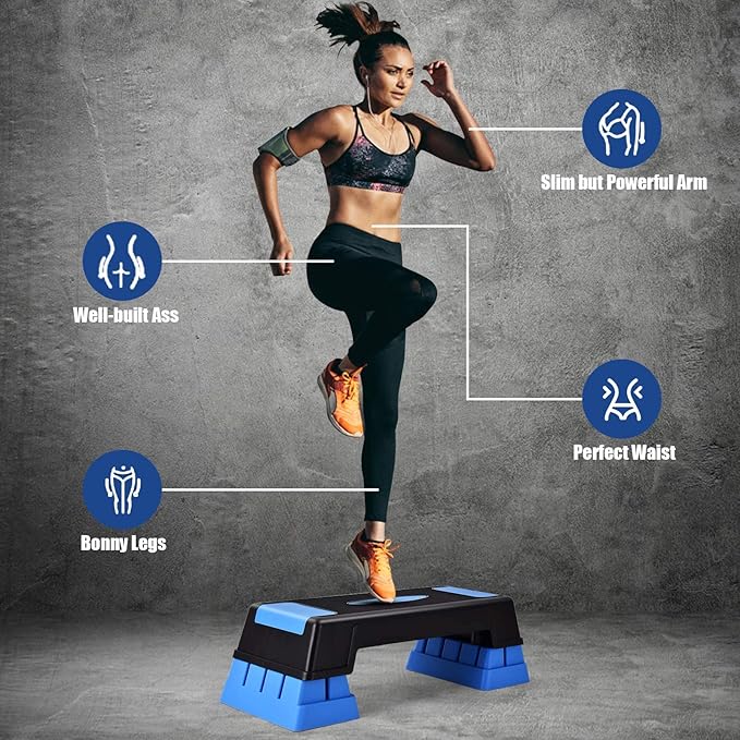 Happytools 28'' Aerobic Stepper, 5’’ 7’’ 9’’ Levels Height Adjustable Fitness Step Trainer, Exercise Step Platform w/Risers & Non-Slip Foot Pads for Home Gym Cardio Strength Training