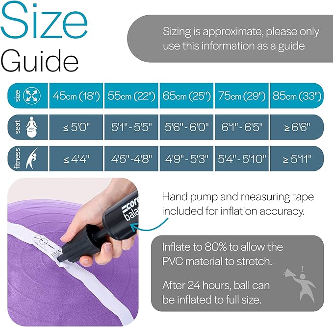 Core Balance Exercise Ball, Stability Ball for Yoga, Pilates and Fitness, Gym Ball for Home Gym and Office Chair, Training, Physical Therapy, Anti Burst, Pump Included, 55cm 65cm 75cm 85cm