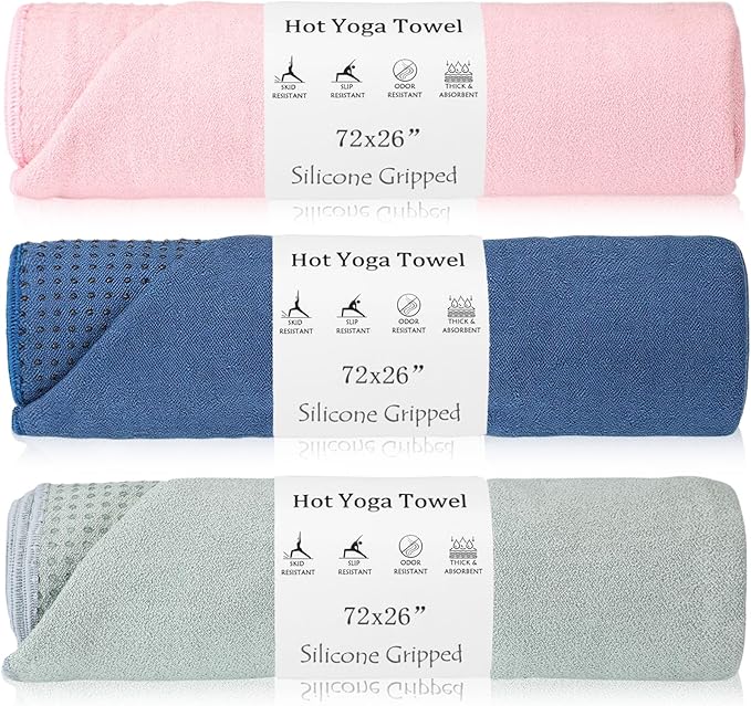 3 Pack Hot Yoga Towel Non Slip 72" x 26" Extra Large Microfiber Yoga Mat Towel with Grip Dot Absorbent Sweat Anti-Slip Mat Cover for Pilates Fitness (Morandi Pink Blue Green)