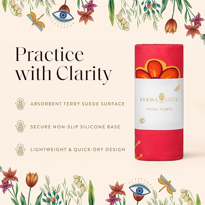 KARMA AND LUCK Radiant Protection Yoga Towel, Absorbent, Non-Slip Hot Yoga Mat Towel, Silicone Grip & Soft Terry Suede for Spiritual Energy Shield & Clarity, 26” x 72”