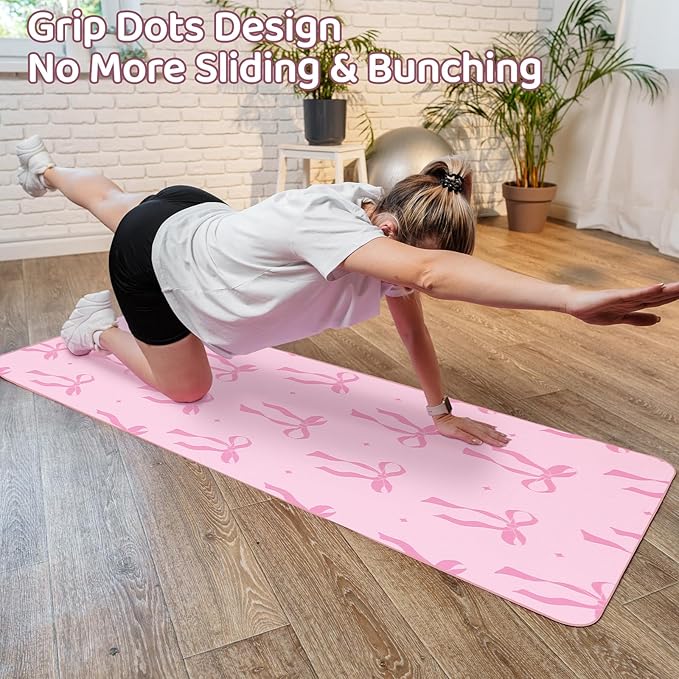 Breling Pink Bow Yoga Mat Towel with Grip Dot Preppy Coquette Bow Non Slip Ultra Absorbent Soft Microfiber Towel Without Hot Yoga Mat 72 x 24 Inch for Pilates Fitness Gym Women Birthday Gifts
