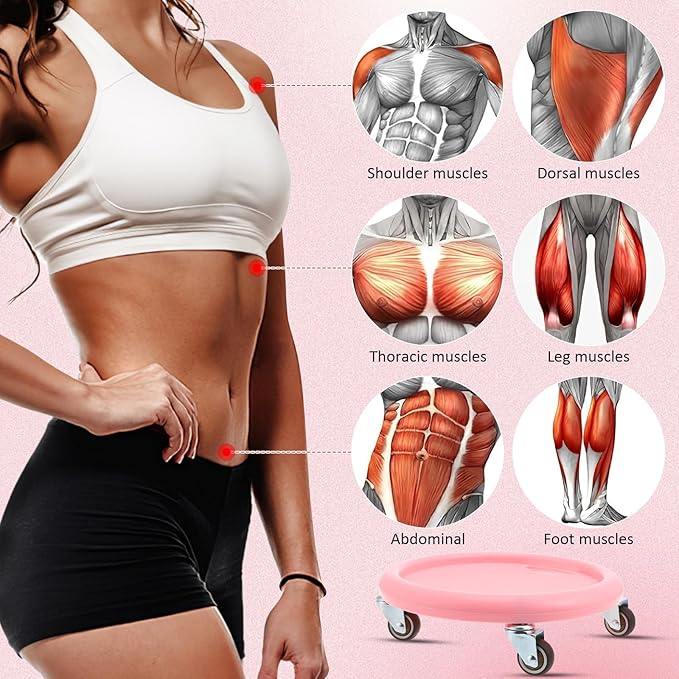 Ab Roller Wheel with Four-wheel Silent Glide, Pink Multi-directional Abdominal Exercise Roller with Knee Mat, Core Workout Equipment for Men and Women at Home