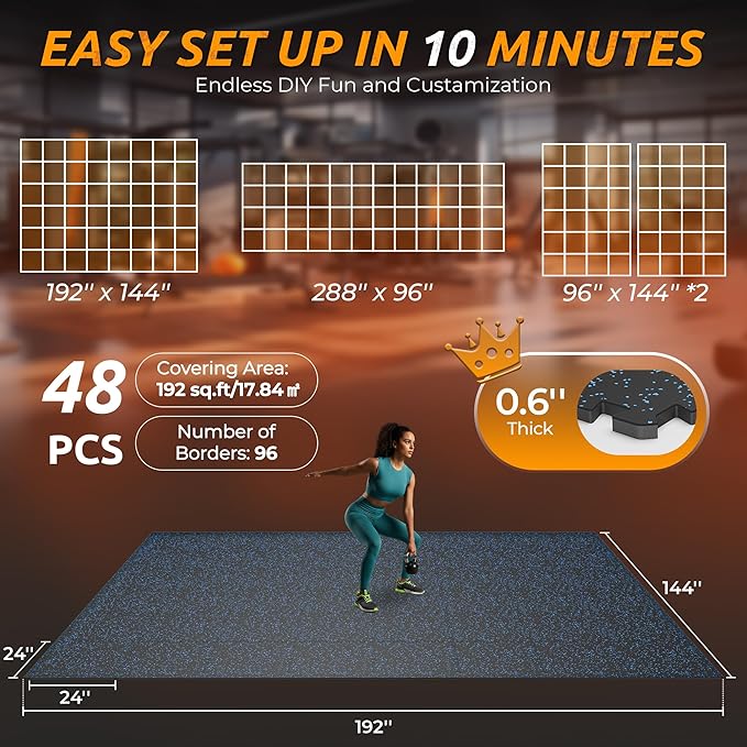 PRAISUN 0.6" Thicker Rubber Top Gym Flooring for Home Gym, 48 Pcs 192 Sq Ft Workout Mats, Exercise Mat, Interlocking Rubber Floor Mats with High Density EVA Foam for Garage, 24 x 24in, Black/Blue